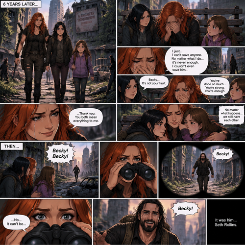 (Recap)It’s a zombie apocalypse,It’s been that way for 6 years,Becky lynch is surviving with two people,A teenager named Raven and a little girl named Sophie,They used to be part of a group…but they got wiped out by Bandits and Zombies,Becky,Raven and Sophie were the only ones that managed to escape.m,They’re currently walking in the city,They sat down on a bench to take a break,They were silent for a while,Then Becky started to cry,Raven and Sophie were concerned,Becky felt like nothing she did was good enough and that she couldn’t save anyone even the man she loved,Raven and Sophie were sad to see Becky like this,They reassured her,Becky smiled softly,They all hug each other. (And now part 2). Becky,Raven and Sophie were still sitting on the bench. Then…they heard a faint voice calling Becky’s name. They looked…and see a figure running towards them and calling Becky’s name in the distance. Becky grabbed her binoculars to see who it is. She couldn’t believe it…it was…The man she loved…the one who she thought she lost…Seth Rollins