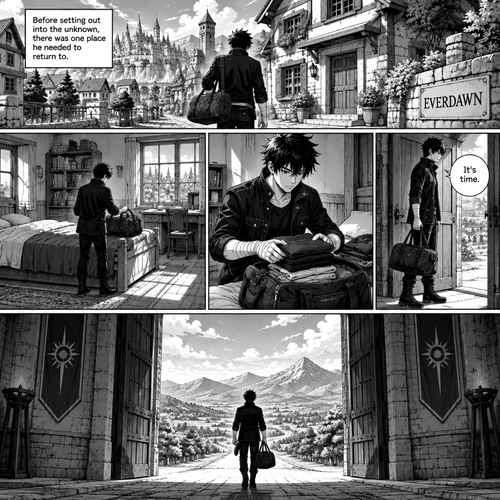 DRAGON STRIKERS

PAGE 5 — DEPARTURE FROM EVERDAWN

FORMAT: One complete black-and-white Japanese manga page, portrait orientation, cinematic panel layout, detailed backgrounds, clean ink lines, high-contrast shadows, and screentones.

CHARACTER CONSISTENCY — SORA AMAMIYA

Use the previously supplied Sora Amamiya character reference sheet as the definitive reference.

* Age: 17
* Height: 178 cm
* Build: Slim and athletic
* Hair: Messy, layered jet-black hair with sharp, irregular spikes and uneven bangs.
* Eyes: Sharp, light-grey eyes with dark pupils.
* Face: Youthful, defined features and serious eyebrows.
* Outfit: Fitted black high-collar jacket with silver buttons, dark shirt, black trousers, black belt with rectangular silver buckle, and black lace-up combat boots.
* Wrists: White bandages wrapped around both wrists and partially over his hands.

Keep his face, hairstyle, proportions, outfit, and wrist wraps consistent in every panel.

PANEL 1 — RETURNING HOME

Layout: Wide horizontal panel at the top.

Camera: Rear three-quarter view of Sora walking toward his home.

Scene: Show Everdawn as a peaceful settlement beneath an expansive sky. Buildings line the streets, and warm sunlight falls across rooftops and stone pathways. The architecture should feel distinct and memorable, with detailed windows, rooftops, balconies, and distant towers.

Sora walks toward a modest-looking home. His black jacket, spiky hair, and bandaged wrists should match the reference sheet.

NARRATION:
“Before setting out into the unknown, there was one place he needed to return to.”

PANEL 2 — INSIDE HIS HOME

Layout: Medium rectangular panel.

Camera: Interior view from a corner of Sora’s room.

Scene: Show a tidy, lived-in room with a bed, a desk, shelves, and a window overlooking Everdawn. Sunlight enters through the window, casting long shadows across the floor.

Sora stands beside an open travel bag, preparing to pack.

Keep the room detailed but uncluttered. Do not introduce photographs, letters, family members, weapons, or personal mementos unless specifically requested.

PANEL 3 — PACKING

Layout: Medium close-up.

Camera: Three-quarter view of Sora placing folded clothes into his travel bag.

Scene: The open bag rests on the bed. Several neatly folded garments are visible inside. Sora’s bandaged hands handle the clothes carefully.

Show the black jacket, trousers, and wrist wraps consistently. His expression is calm and focused.

No supernatural effects or weapons.

PANEL 4 — READY TO LEAVE

Layout: Narrow vertical panel.

Camera: Full-body side view.

Scene: Sora stands near the doorway with his packed travel bag. His black high-collar jacket, dark trousers, boots, and white wrist wraps are clearly visible.

He glances toward the open doorway, where the light from outside illuminates part of his face.

His expression conveys quiet determination.

SORA:
“It’s time.”

PANEL 5 — THE GATE OF EVERDAWN

Layout: The largest panel on the page, occupying the entire bottom section.

Camera: Dramatic wide shot from behind Sora, looking outward through the enormous gate.

Scene: Sora has reached the grand gate of Everdawn. Tall stone pillars and elaborate architectural details frame the entrance. Beyond the gate, a vast road stretches into the distant landscape, surrounded by hills and mountains.

Sora stands at the threshold with his travel bag, facing the world beyond Everdawn.

The settlement remains behind him. The open road lies ahead.

Use heavy black shadows around the gate’s inner walls, contrasting with the lighter landscape outside. Make Sora’s silhouette unmistakable.

No Hugurumi. No other characters. No action scene. No supernatural effects.

The final panel must clearly show Sora leaving Everdawn through its gate, beginning his journey into the unknown.

FINAL ART DIRECTION

Maintain the same black-and-white manga style as Pages 1–4. Use clear panel borders, readable lettering, detailed environments, and consistent character proportions.

The page should communicate one simple event: Sora returns home, packs clothes, prepares himself, and leaves Everdawn.

Do not add new lore, characters, family details, or plot events beyond this description.
