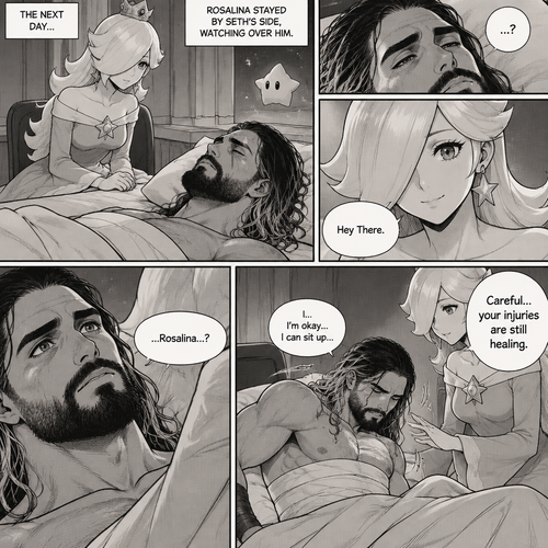 (Part 3 of the Seth Rollins x Princess Rosalina story). The next day,Seth was still unconscious,Rosalina was watching over him. Then…Seth slowly regained consciousness. The first thing he sees is Rosalina looking down at him. “Hey There” Rosalina said softly. He tried to sit up. “Careful…your injuries are still healing” Rosalina said softly