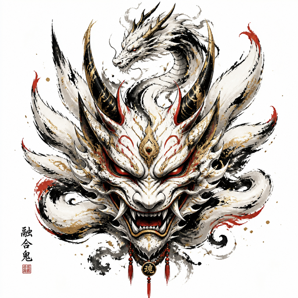 Fuse Oni, loung dragon,9 tail fox into oni style mask that has all the best appearance from Fuse Oni, loung dragon,9 tail fox. Only show final product. Colors white,gold,red,black 10% details