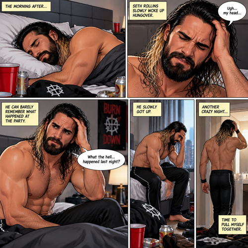 Seth Rollins was asleep after a party last night. Seth slowly woke up hungover,He can barely remember what happened at the party. He slowly got up