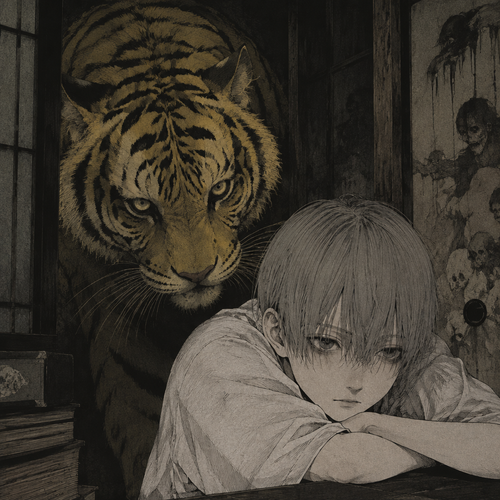 A yellow tiger behind a boy with gray hair
