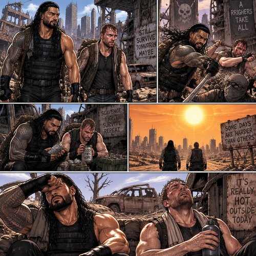 It’s a post apocalyptic world,Roman Reigns and Jon Moxley were side by side surviving the apocalypse together.They fought Bandits and raiders and scavenged for supplies.One day it was really hot outside