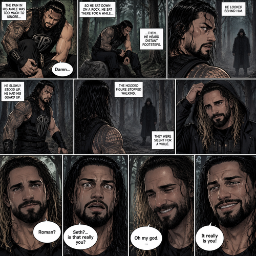 Roman Reigns is in a zombie apocalypse,He walking in the woods. He hurt his ankle while running away from a zombie horde. He’s far away from them and limping in the woods. The pain in his ankle was too much to ignore so he sat down on a rock,he sat there for a while….then….he heard distant footsteps. He looked behind him. There’s a hooded figure in the distance. He slowly stood up,he had his guard up. The hooded figure stopped walking. They were silent for a while. Then….the hooded figure took off his hood…it was….Seth Rollins. “Roman?” Said Seth. Roman’s eyes widened. “Seth?…is that really you?” Roman asked. Seth slowly smiled with joy. “Oh my god” Seth said softly. Roman slowly smiled and tears of joy welled up in his eyes. “It really is you!” Said Roman