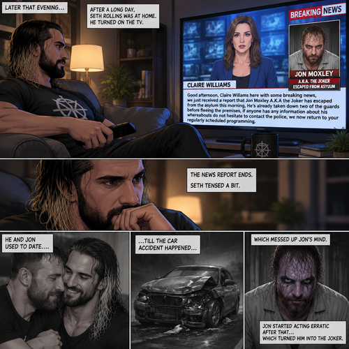 Seth Rollins was at home after a long day. He turned on the tv,A news report came on. “Good afternoon,Claire Williams here with some breaking news,we just received a report that Jon Moxley A.K.A the joker has escaped from the asylum this morning,He’s already taken down two of the guards before fleeing the premises,if anyone has any information about his whereabouts do not hesitate to contact the police,we now return to your regularly scheduled programming” said the reporter. The news report ends. Seth tensed a bit. He and Jon used to date….till the car accident happened…which messed up Jon’s mind. Jon started acting erratic after that…witch turned him into the Joker