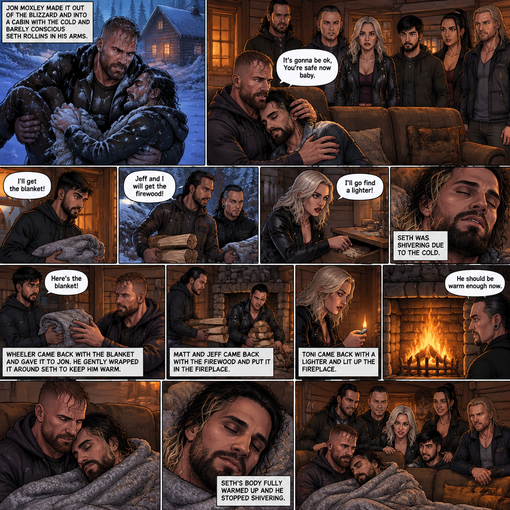 (The monster apocalypse/Moxollins story part 2) Jon Moxley made it out of the blizzard and into a cabin With the Cold and barely conscious Seth Rollins in his arms. His group of survivors (Matt and Jeff Hardy,Toni Storm,Wheeler Yuta,Indi Hartwell and Nic Nemeth) were there too. Jon Sat down on the couch and held Seth. “I’ll get the blanket!” Said wheeler,Then he ran to find a blanket. “Jeff and I will get the firewood” Said Matt,Then Matt and Jeff ran to find firewood. “I’ll go find a lighter” Said Toni,Then she ran to find a lighter. Seth was shivering due to the cold. “It’s gonna be ok,You’re safe now baby” Jon said softly. Wheeler came back with the blanket and gave it to Jon. He gently wrapped it around Seth to keep him warm. Seth’s body warmed up a little. Matt and Jeff came back with the firewood and put it in the fireplace. Toni came back with a lighter and lit up the fireplace. “He should be warm enough now” Said Jeff. Seth’s body fully warmed up and he stopped shivering