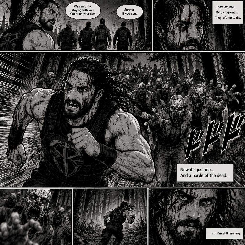 We’re in the woods during a zombie apocalypse,Someone was running…and that someone…was Seth Rollins. He was running from a horde of zombies after being abandoned and left to die by his own group