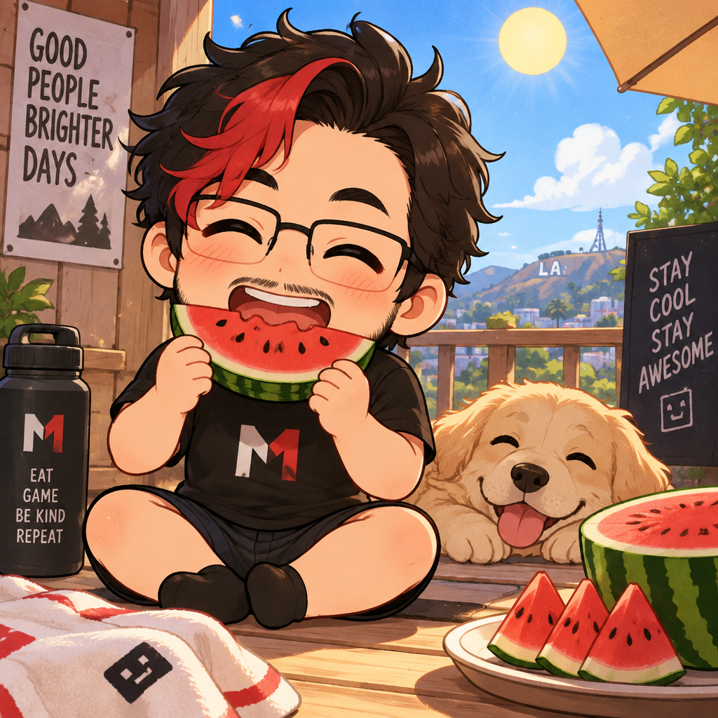 Markiplier is eating a watermelon on a hot summer day