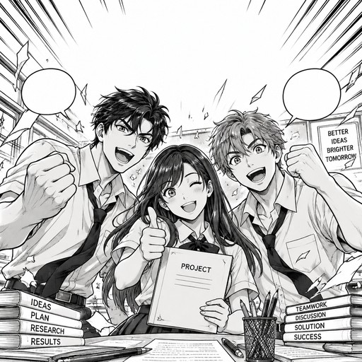 up their completed project with a proud smile, Ana smiles brightly and gives a small thumbs-up, and Carlo looks relieved and excited. Their desks have neatly organized papers, books, and pencils, showing that they worked hard together. They stand close together, showing friendship, teamwork, and accomplishment. Simple school uniforms, expressive anime faces, clean pencil outlines, light manga shading, easy-to-copy poses, and a simple classroom background. Leave enough blank space at the top for the title “7. ANG BUNGA NG PAGTUTULUNGAN” and small speech bubbles. Portrait composition, no color, student-friendly line art, not overly detailed, suitable for sketching by hand. anime style and adult looking style, and 2 guys and 1 girl