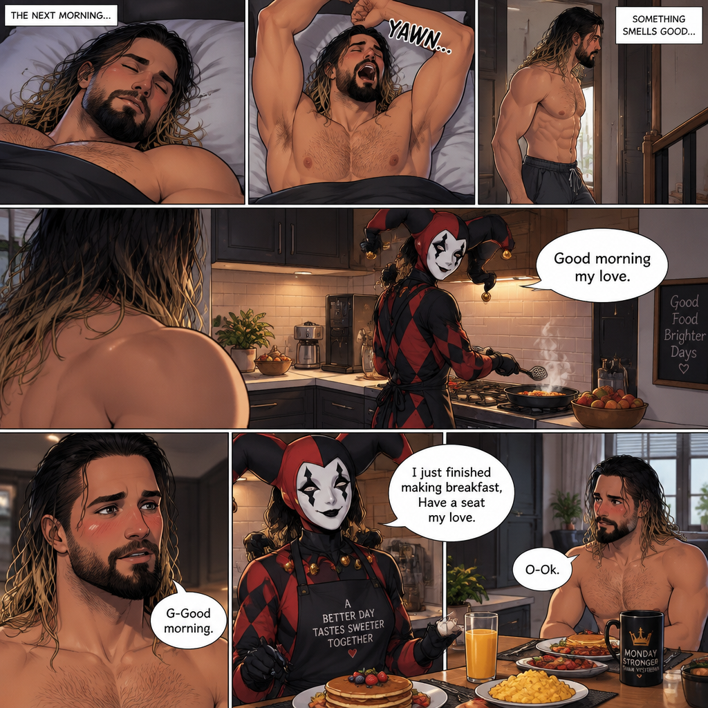 (Recap) Seth Rollins came home after a long day at work,a bouquet of roses were on the table,There’s a card that says “I hope you had a wonderful day at work My love! -The Jester”,The jester had been stalking Seth and giving him gifts for weeks,he hoped to one day find out who the Jester was,the next day he came home from work…But the front door was cracked open a little,he got tense and approached with caution,then he heard a voice coming from the living room “Hello my love”,The Jester was sitting on Seth’s couch,The Jester got up,he slowly walked towards Seth,He lifted Seth in his arms,He walked back to the couch and sat down putting Seth on his lap,Then they cuddled on the couch. (And now part 2). The next morning,Seth was asleep in bed. He slowly woke up,Then he slowly sat up. He stretched his arms out and yawned. Then…he smelled something cooking. He got up and slowly walked downstairs to the kitchen. The Jester was making breakfast,Then he noticed Seth was awake and smiled. “Good morning my love” Said the Jester. Seth blushed a little. “G-Good morning” said Seth. “I just finished making breakfast,Have a seat my love” Said the Jester. “O-Ok” said Seth. He sat down at the table