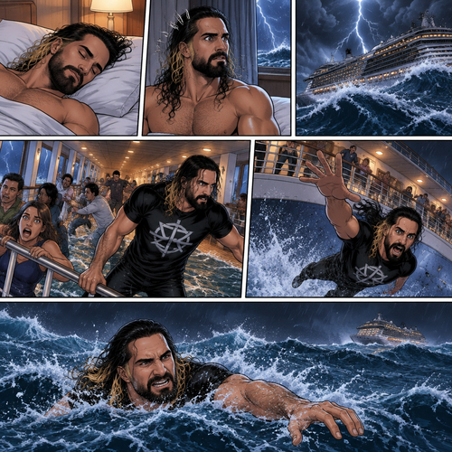 Seth Rollins is on a cruise ship,One night he was asleep,Then suddenly…thunder. He got up. The ship was rocking against the strong waves. Everyone was panicking,Then….Seth fell overboard. He swam as best as he could. The waves were strong