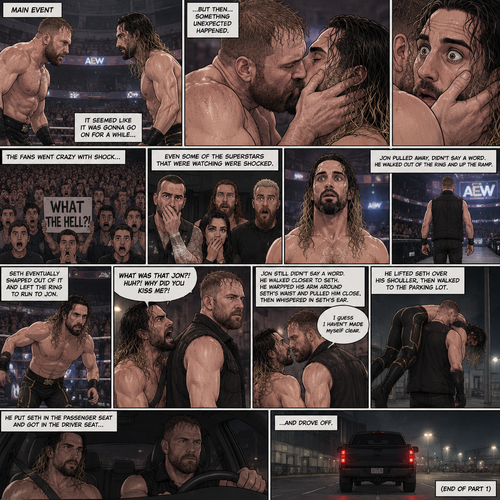 Jon Moxley and Seth Rollins were in a match against each other. It’s the main event. It seemed like it was gonna go on for a while…but then….something unexpected happened. Jon cupped his hands on Seth’s face….pulled him in…and kissed him. Seth’s eyes widened,The fans went crazy with shock,even some of the superstars that were watching were shocked. Jon then pulled away. Seth just stood there stunned. Jon didn’t say a word,he walked out of the ring and walked up the ramp. Seth eventually snapped out of it and left the ring to run to Jon. He managed to catch up to him. “What was that Jon?! Huh?! Why did you kiss me?!” Seth asked. Jon stopped walking and looked at Seth,He still didn’t say a word. He walked closer to Seth. He wrapped his arm around Seth’s waist and pulled him close,Then he whispered in Seth’s ear “I guess I haven’t made myself clear”. He lifted Seth over his shoulder,Then he walked to the parking lot. He put Seth in the passenger Seat and got in the driver seat and drove off. (End of part 1)