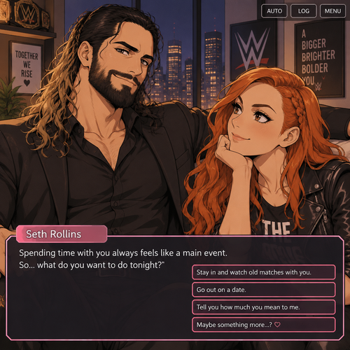 Seth Rollins and Becky Lynch in a dating sim game