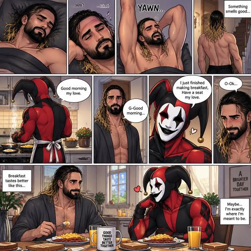 (Recap) Seth Rollins came home after a long day at work,a bouquet of roses were on the table,There’s a card that says “I hope you had a wonderful day at work My love! -The Jester”,The jester had been stalking Seth and giving him gifts for weeks,he hoped to one day find out who the Jester was,the next day he came home from work…But the front door was cracked open a little,he got tense and approached with caution,then he heard a voice coming from the living room “Hello my love”,The Jester was sitting on Seth’s couch,The Jester got up,he slowly walked towards Seth,He lifted Seth in his arms,He walked back to the couch and sat down putting Seth on his lap,Then they cuddled on the couch. (And now part 2). The next morning,Seth was asleep in bed. He slowly woke up,Then he slowly sat up. He stretched his arms out and yawned. Then…he smelled something cooking. He got up and slowly walked downstairs to the kitchen. The Jester was making breakfast,Then he noticed Seth was awake and smiled. “Good morning my love” Said the Jester. Seth blushed a little. “G-Good morning” said Seth. “I just finished making breakfast,Have a seat my love” Said the Jester. “O-Ok” said Seth. He sat down at the table. The jester sat down at the table as well. They ate breakfast together