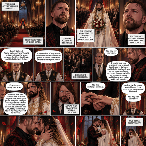(Recap) Seth Rollins (The vampire hunter turned Bride of the Vampire king) Reunited with his long lost brother Aj Styles,Time skip to 3 days before the wedding,Seth and Jon Moxley (Vampire King) were still preparing,Aj helped out,The night before Aj had told Jon and Seth that he’s a werewolf,Seth and Jon were shocked but were happy that Aj was being honest with them,Seth was on the balcony Looking at the view and Looking nervous about the wedding,Jon appeared behind him checking in on him,“Can’t sleep?” Jon asked,“No” Said Seth,Jon wrapped his arms around him,“What’s on your mind?” Jon asked,”I’m just very nervous about our wedding,Don’t get me wrong I want to marry you…It’s just….what if I mess up? What if people don’t like me?…what if…..I’m not enough….for you?” Said Seth,”Look at me my love” Jon said softly,Seth looked up at him,”You’re not gonna mess up,I’ll be right with you,If people don’t like you they’ll have to deal with me,You ARE enough for me,You’re the only one I want,The ONLY one i love,You’re mine..and I’m yours,For eternity” Jon said softly,Seth’s heart fluttered,Jon kissed him softly,”I love you” Jon said Softly,”I love you too” Seth said softly,They kissed again. (And now part 9) The night of the wedding arrived,The guests were at their seats. Jon was waiting at the altar. The wedding music started playing. Seth walked down the aisle. Jon couldn’t help but admire how beautiful Seth looked. Seth got to the altar. “Dearly beloved,We’re gathered here Tonight to bear witness the union between Our King Jon Moxley and his Bride Seth Rollins” Said the officiant. “If anyone has of any reason why these two should not be joined in union,Speak now or forever hold your peace” The officiant continued. There were no objections. The officiant looked at Jon and said “You may say your vows”. Jon says his vows. Afterwards The officiant looked at Seth and said “It’s your turn to say your vows”. Seth says his vows. Aj was a bit teary eyed hearing the vows. “You may exchange the rings” said the officiant. Jon and Seth exchanged the rings. “And so by the power vested in me,I now pronounce you man and Husband” said the officiant. He looked at Jon and said “You may kiss your bride”. They kissed