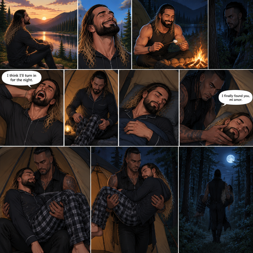 Seth Rollins was camping in the woods,he was enjoying the view of the lake and enjoying the fresh air,Hours later nighttime came,He was making s’mores at the campfire.He was enjoying himself…but…little did he know…that something…or someONE was watching him.Seth eventually got tired and yawned. “I think I’ll turn in for the night” said Seth.He went inside his tent,put pajamas on,got in his sleeping bag and went to sleep,Soon enough…Seth was deep asleep.The mysterious figure (Damien Priest) quietly walked to Seth’s tent,He opened the tent quietly.He looked at Seth,He quietly got inside the tent.He gently caressed Seth’s cheek. “I finally found you,mi amor” The man said softly and quietly.He gently lifted Seth in his arms and walked out of the tent.He walked into the woods….With his long lost lover asleep in his arms