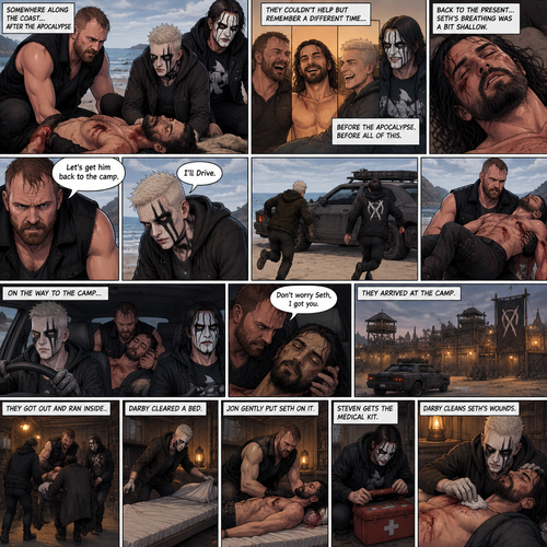 Part 3 of the apocalypse story.Jon Moxley,Darby Allin and Steven Borden (Sting’s son) Found Seth Rollins unconscious and badly injured on the beach while reminiscing about the time before the apocalypse.They had no idea what happened to him.Seth’s breathing was a bit shallow. “Let’s get him back to the camp” Said Jon. “I’ll Drive” Said Darby. Darby and Steven ran to the car,Jon lifted Seth in his arms and followed behind.Darby got in the driver’s seat,Steven got in the passenger seat and Jon got in the back while holding Seth.They drove to the camp,Jon held Seth tightly. “Don’t worry Seth,I got you” Jon whispered.They arrived at the camp,They got out and ran inside.Darby cleared a bed,Jon gently put Seth on it.Steven gets the medical kit while Darby Cleans Seth’s wounds