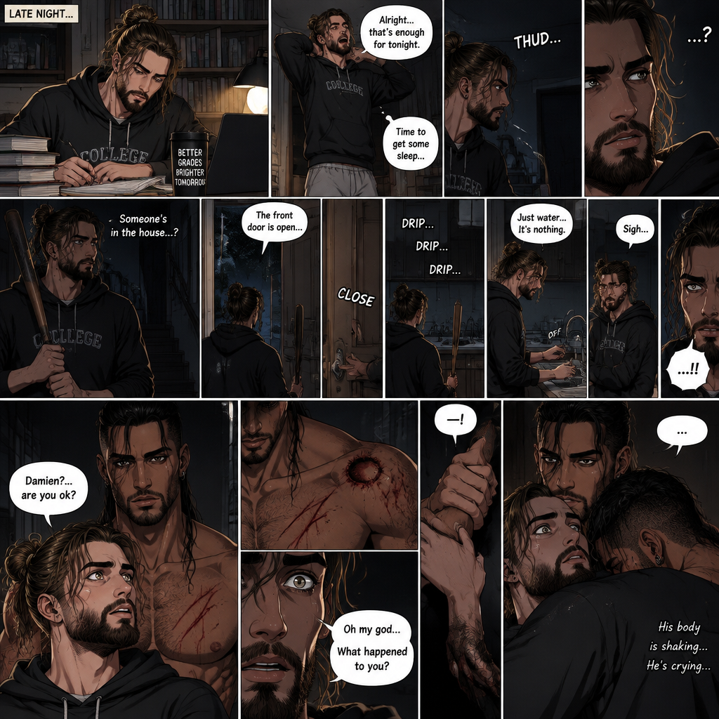 (Recap) Seth Rollins (College student) Arrives at math class and sits at his usual desk,Damien Priest (The bad boy) arrives as well,He sits on the desk next to Seth,Seth was focusing on the math lesson…Damien wasn’t,He was only focusing on Seth like he was the most beautiful angel he’s ever seen,”So beautiful” Damien thought in his mind,After class ended Seth was at his locker when suddenly Damien appeared behind him startling Seth. (And now part 2). It was late at night,Seth just finished studying in his college house. He was about to turn in for the night….Then he heard a noise coming from downstairs. He grabbed a bat and slowly walked downstairs…the front door was open. A sense of dread washed over him. The slowly walked to the door and closed it,Then he heard a dripping sound coming from the kitchen. He slowly walked to the kitchen to investigate,there was nothing there…just the sound of dripping water in the sink,He sighed and walked to the sink and turned the faucet off. He turned around….And got spooked….Damien was standing right behind him. Damien was staring right at Seth with a blank expression on his face. “Damien?…are you ok?” Seth asked. Damien didn’t say anything…he just kept staring. There was a dripping sound again…but this time…it was coming from Damien. Seth looked at Damien’s chest….there were scratches on it,Then Seth…noticed a huge bite mark on Damien’s shoulder. Seth was horrified. “Oh my god” said Seth. He looked at Damien. “What happened to you?” Asked Seth. Damien remained silent. Seth was about to turn on the light….but Damien suddenly grabbed Seth’s wrist and pulled it away from the light switch. Seth’s eyes widened. Damien kept looking at Seth while holding his wrist,He pulled Seth closer to him. They stared at each other…then….Damien put his head on Seth’s shoulder,Then his body was shaking a little….as if….he was crying