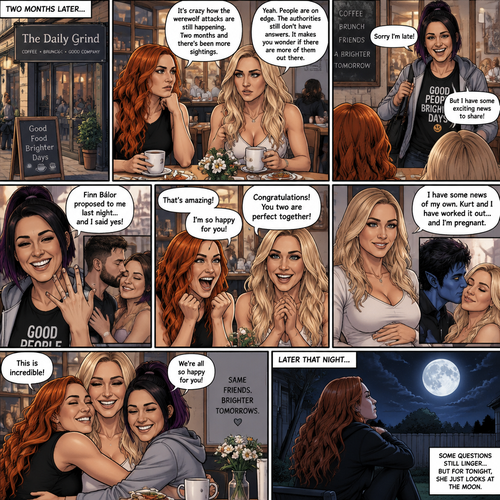 (Part 2 of the Werewolf X human story). It’s been two months since the night Becky Lynch and Her friends Charlotte Flair and Bayley saved the Man (Seth Rollins). They haven’t seen him since. Becky and charlotte were having brunch at a cafe,They were talking about the recent werewolf attacks. Then Bayley showed up late….with a happy grin on her face. She apologized for being late and sat at the table. Then she said she’s has some exciting news to share with the two of them….Finn Bálor proposed to her last night…and she said yes. Becky and Charlotte were happy and excited for Bayley. Then Charlotte said she’s has some news of her own. She and her husband (Kurt Wagner a.k.a nightcrawler) have worked it out…and She’s pregnant. Becky and Bayley were happy and excited for Charlotte. Later that night,Becky was in her backyard looking at the moon