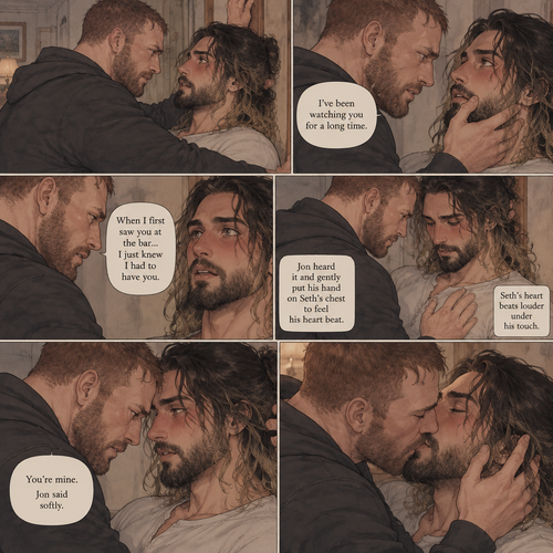 (Part 4). Still in Jon Moxley’s house. Jon had Seth Rollins pinned to the wall,Seth was blushing. Jon gently placed his hand on Seth’s jaw. “I’ve been watching you for a long time” Jon said. “When I first saw you at the bar…I just knew I had to have you” Jon continued. Seth’s heart fluttered. Jon heard it and gently put his hand on Seth’s chest to feel his heart beat. Seth’s heart beats louder under his touch. Seth is flustered. Jon slowly leans forward towards Seth. “You’re mine” Jon said Softly. Then Jon kissed Seth