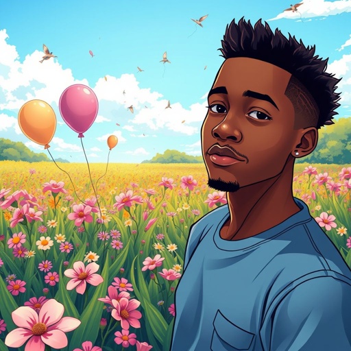 A nonchalant light skin 21 year old Nigerian guy with taper fade low cut standing alone in a beautiful field on his birthday 