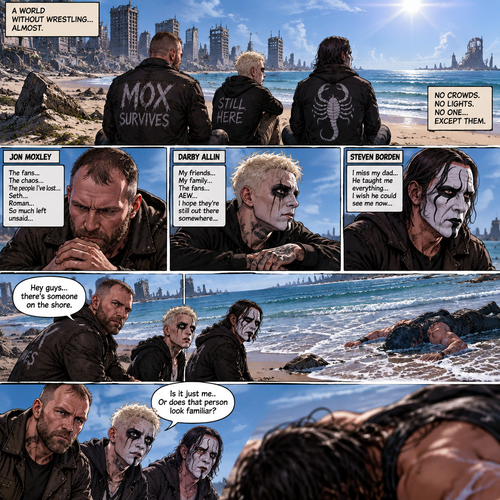 It’s a post apocalyptic world,There was no one walking down on the land….well….except for three AEW wrestlers! Jon Moxley,Darby Allin and Steven Borden (Sting’s son).They worked together side by side in this post apocalyptic world.They thought they were the last wrestlers alive….but little did they know…that on this day….they would be proven wrong.It was a sunny afternoon,Jon,Darby and Steven were just sitting near a beach talking and reminiscing about the time before this world became barren.Steven was reminiscing about his dad and how much he misses him,Darby was reminiscing about his friends,His family and the fans at AEW.Jon was sitting silently,Thinking about the fans at AEW and some other people in his life…He was also thinking about…Seth Rollins and Roman Reigns.He looked at the ocean….That’s when he saw….and unconscious person getting washed up on the shore.He slowly stood up. “Hey guys…there’s someone on the shore” Jon said to Darby and Steven.Darby and Steven stood up and looked at the unconscious person “Is it just me..Or does that person look familiar?” Darby asked