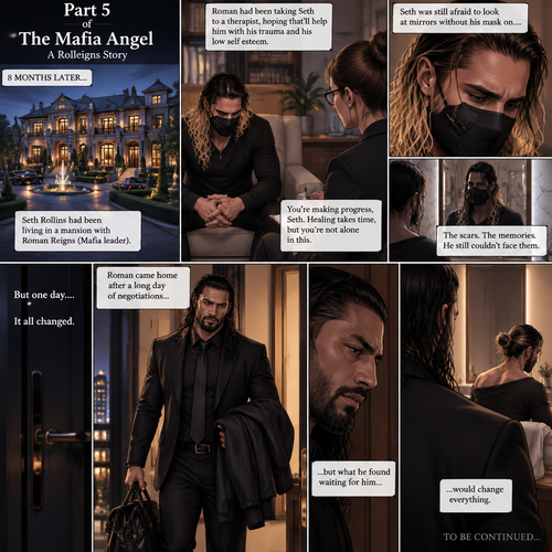 (Part 5 of the mafia angel,A Rolleigns story). 8 months later,Seth Rollins (He’s still wearing a mask) had been living in a mansion with Roman Reigns (Mafia leader). Roman had been Taking Seth to a therapist hoping that’ll help him with his trauma and his low self esteem. Seth was still afraid to look at mirrors without his mask on….But one day….It all changed. Roman came home after a long day of negotiations
