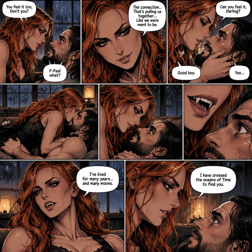 Part 2.The setting is still at Seth Rollins’s house,It’s still raining outside.”You feel it too,Don’t you” Asked Becky Lynch. “F-Feel what?” Asked Seth Rollins nervously.Becky gets closer to Seth. “The connection…That’s pulling us together…Like we were ment to be” Becky said softly.Seth’s heart fluttered.Becky can hear it,She gently puts her hand on his cheek and leaned towards him. “Can you feel it,Darling?” Becky Asked Softly.Something about her voice made Seth unable to resist her. “Yes” Seth whispers. “Good boy” Becky whispers.Their lips connect softly,Becky gently pushes Seth on his back on the couch while they kiss.They eventually pull away and look at each other.Becky smiles gently at him,That’s when….Seth Notices vampire fangs in her teeth,He was bewildered…But not scared. “I’ve lived for many years…and many moons” Becky said softly. “I have crossed the oceans of Time to find you” Becky said softly