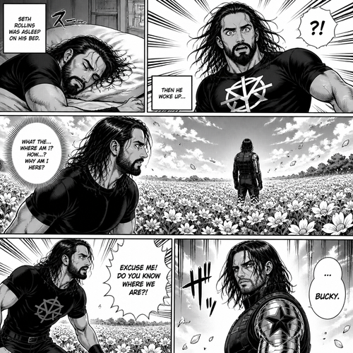 Seth Rollins was asleep on his bed,Then he woke up….On a field of flowers,He was confused as to how and why he was there.Then he noticed a mysterious man ahead of him with his back turned.He stands up. “Excuse me! Do You know where we are?!” Seth called out.The mysterious man turned around and faced Seth….It was Bucky.
