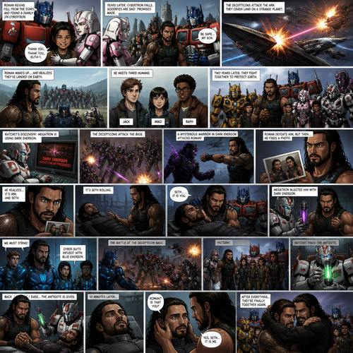 WWE Superstar Roman Reigns ends up on Cybertron as a child and ended up adopted by Optimus Prime and Elita-1.Years later Cybertron is falling apart,Elita-One stays behind while Roman,Optimus Prime and the other Autobots leave on the ark after an emotional goodbye.Then suddenly they get attacked by Megatron and the Decepticons.Then The Deceptions shoot the ark’s wing and Roman and Optimus and the other Autobots crash land on another planet.After A while Roman wake up and looks around and sees Optimus and the Autobots unconscious.Roman opens the Arks hatch and sees…That he’s on the one planet that he thought he would never return to…His home planet..Earth.Then Optimus wakes up.Roman explains to him that they’re on earth,Then bumblebee,Ratchet,Arcee,Jazz,Ironhide and wheel jack wakes up.Timeskip to 3 days later.They meet Three humans,Thier names are Jack,Miko and Raph.Timeskip to 2 years later.Roman and Optimus and the Autobots have been working along side Jack,Miko and Raph to protect earth from the Decepticons.Then Ratchet made a terrifying discovery…Megatron is using Dark energon.Then the base alarm went off.The Decepticons have found the Autobot base and were attacking them.Then a mysterious creature in a dark energon cyber suit attacks Roman.Roman manages to defeat him.The Decepticons realize they’re overwhelmed by the Autobots they retreat leaving the mysterious creature behind.Roman Carries the unconscious creature to Ratchet’s lab.As he puts him on the table an old picture falls out of his pocket.While ratchet Straps the unconscious mysterious creature to the table Roman looks at the photo.There’s two young boy on it,As Roman looked closely at the photo….He realizes that it’s him with a friend of his as kids, “No….It can’t be” said Roman. Optimus and Ratchet Noticed the look on his face, “Roman? What’s Wrong?” Asked Optimus. But Roman didn’t answer.He walked to the unconscious man,He takes off the Helmet…and sure enough…It was Seth Rollins (Roman and Seth are childhood friends in this story).Roman was shocked,Then tears stream down his face. “Seth..It is you” Roman said to him self.Optimus Gently hugged Roman from behind.Ratchet takes a sample of Seth’s blood to analyze it while Roman silently cries in Optimus’s arms and Arcee,Bumblebee,Wheeljack,Ironhide,Jack,Miko and Raph watch with sympathetic looks on their faces.20 Minutes later Ratchet returns with a grim look on his face.He has the results.Apparently Megatron has been injecting Dark energon into Seth’s body.Roman was Angry when he heard this.Then…Seth Suddenly wakes up and thrashing around and wanting to attack someone.His eyes and body were glowing with dark energon.Ratchet and Wheel Jack grabs him the straps him down on the table.It’s pretty clear…The Autobots must strike! They prepare for battle,Ratchet Volunteers to stay behind and find an antidote for the dark energon,Roman makes a cyber battle suit for himself,Jack,Miko and Raph…Filled with blue energon! Roman looks at Seth silently. “Don’t worry Seth…I’ll be back soon” Roman said to himself.They leave for the Decepticon base. Meanwhile Megatron was lecturing Starscream about his latest failure…Then the base alarm went off, Roman and Optimus and the Autobots and the humans were here.Then the battle ensued,Bumblebee and wheel jack took on sound wave,Arcee and Jack took on black arachnid,Miko and Raph took on Starcream and Optimus and Roman Took on Megatron.Eventually the Autobots and the humans were victorious.When they returned Ratchet was waiting for them…with the antidote for the dark energon!They all head to the lad where Seth was still thrashing around on the strapped table.Ratchet had to inject a sensitive into him.Seth Slipped back into unconsciousness after that.Ratchet went to get the antidote.Roman holds Seth’s hand while he waits.Ratchet returned with the antidote,He injected it into Seth.10 minutes later Roman hadn’t left his side.The dark energon in Seth’s body had long been cleared out,Then….Seth slowly wakes up,His eyes were back to normal,The first face he sees was Roman’s.he slowly recognizes him. “Roman?…Is that you?” Seth said softly.”Yes Seth…It is me” Roman said softly.Tears started streaming down Seth’s face.He couldn’t believe…That Roman came back.Roman gently hugged Seth as he cried