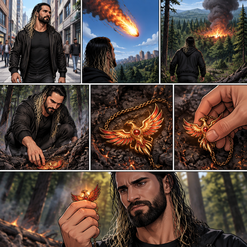 Seth Rollins was walking down the street,Then suddenly a fire ball came out of the sky and crash landed in the nearby forest.Out of curiosity he investigated,There he sees an amulet that’s shaped like a phoenix.He doesn’t know why…But he feels like maybe…he should take it.He picked it up and stared at it
