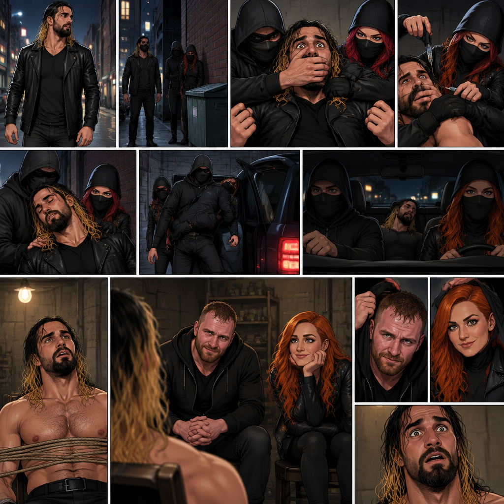 Seth Rollins was walking alone at night,Then…as he walked past an alley…A man and a woman in masks grabbed him.They dragged him to the alleyway,Seth struggled.The masked man covered Seth’s mouth before he could call for help.Seeing that Seth was still struggling The masked woman injected a sedative into his body,despite his best efforts to resist it Seth slowly drifted in unconsciousness.The masked man then carried Seth to his car with the masked Woman following behind,They got in and drove away.The next morning Seth Slowly regained consciousness,He was in a basement tied to a chair,The masked man and the masked woman were sitting in front of him…looking at him…as if he was the most precious thing in the world to them.They took off their masks,Seth couldn’t believe it….It was Jon Moxley and Becky Lynch!!