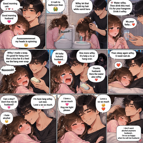 Good morning wifey goood morning husband aaaaaaawwwwwt my heads is spinning 😵‍💫 u rush to bathroom then 🤮 auuuuuh wifey let that then u hold my hair while vomit here water wifey then drink this med it’s for your hangover drink it wifey my poor baby come here u carry me & put in bed & u said I don’t want alcohol anymore husband I’m so so happy when he call me husband wifey I made u soap it’s good for hang over then u kiss her & u feed me the hang over soap noooooh then u cry like ah baby huhuhu husband one more wifey it’s help u to ur hang over thanks husband here the water also wifey then sleep again wifey u need  rest ok u kiss me can u stay don’t live me ok husband & put her in your arms she lay in your chest I’m here lang wifey let rest love u so so much husband I love hug me tight please I hate alcohol then u both smile 😊 love u so so much 