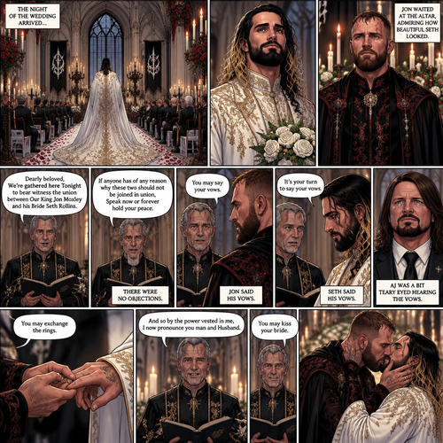 (Recap) Seth Rollins (The vampire hunter turned Bride of the Vampire king) Reunited with his long lost brother Aj Styles,Time skip to 3 days before the wedding,Seth and Jon Moxley (Vampire King) were still preparing,Aj helped out,The night before Aj had told Jon and Seth that he’s a werewolf,Seth and Jon were shocked but were happy that Aj was being honest with them,Seth was on the balcony Looking at the view and Looking nervous about the wedding,Jon appeared behind him checking in on him,“Can’t sleep?” Jon asked,“No” Said Seth,Jon wrapped his arms around him,“What’s on your mind?” Jon asked,”I’m just very nervous about our wedding,Don’t get me wrong I want to marry you…It’s just….what if I mess up? What if people don’t like me?…what if…..I’m not enough….for you?” Said Seth,”Look at me my love” Jon said softly,Seth looked up at him,”You’re not gonna mess up,I’ll be right with you,If people don’t like you they’ll have to deal with me,You ARE enough for me,You’re the only one I want,The ONLY one i love,You’re mine..and I’m yours,For eternity” Jon said softly,Seth’s heart fluttered,Jon kissed him softly,”I love you” Jon said Softly,”I love you too” Seth said softly,They kissed again. (And now part 9) The night of the wedding arrived,The guests were at their seats. Jon was waiting at the altar. The wedding music started playing. Seth walked down the aisle. Jon couldn’t help but admire how beautiful Seth looked. Seth got to the altar. “Dearly beloved,We’re gathered here Tonight to bear witness the union between Our King Jon Moxley and his Bride Seth Rollins” Said the officiant. “If anyone has of any reason why these two should not be joined in union,Speak now or forever hold your peace” The officiant continued. There were no objections. The officiant looked at Jon and said “You may say your vows”. Jon says his vows. Afterwards The officiant looked at Seth and said “It’s your turn to say your vows”. Seth says his vows. Aj was a bit teary eyed hearing the vows. “You may exchange the rings” said the officiant. Jon and Seth exchanged the rings. “And so by the power vested in me,I now pronounce you man and Husband” said the officiant. He looked at Jon and said “You may kiss your bride”