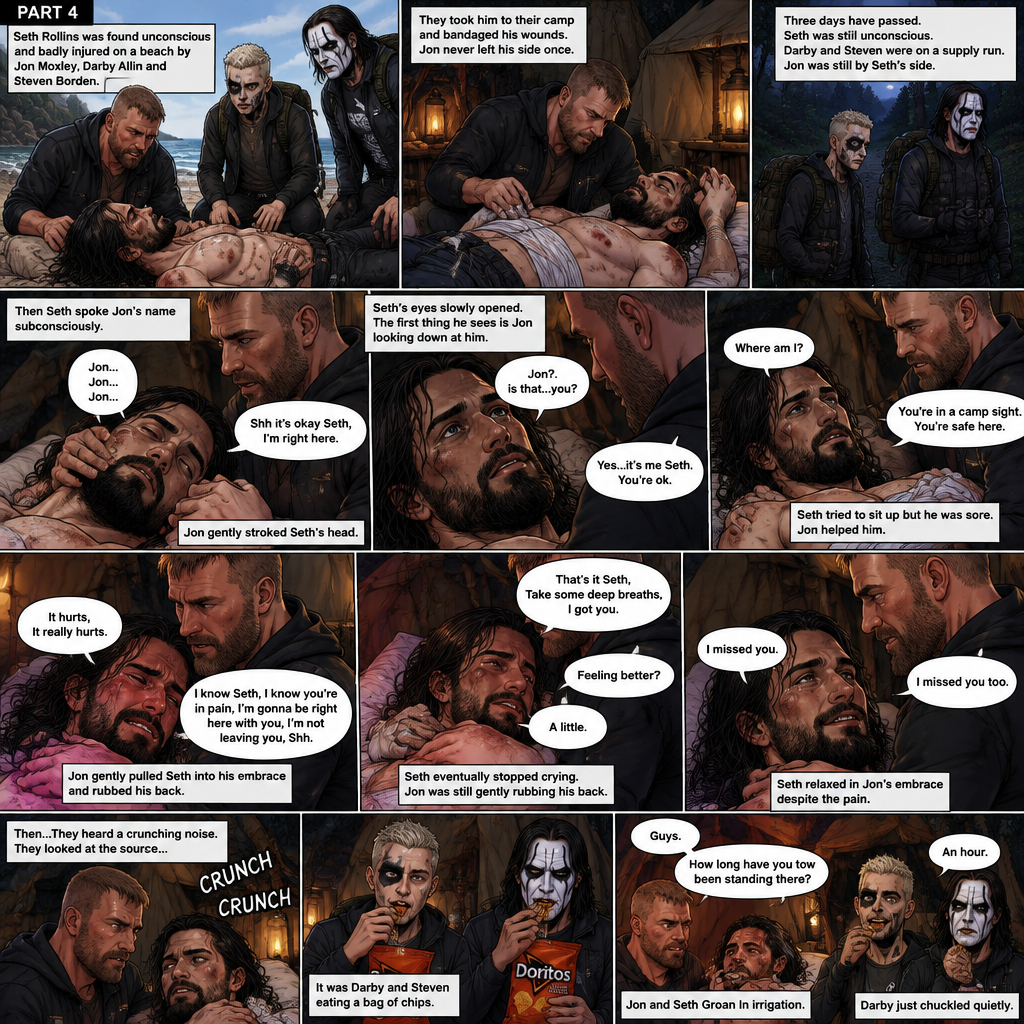 Part 4 of the apocalypse story.Seth Rollins was found unconscious and badly injured on a beach by Jon Moxley,Darby Allin and Steven Borden (Sting’s son).They took him to their camp and bandaged his wounds,Jon never left his side once.Three days have passed,Seth was still unconscious,Darby and Steven were on a supply run,Jon was still by Seth’s side,He gently held his hand.Then Seth spoke Jon’s name subconsciously “Jon…Jon…Jon”. Jon gently stroked Seth’s head. “Shh it’s okay Seth,I’m right here” Jon whispered.Seth breathed softly,Then…his eyes started to slowly open,The first thing he sees is Jon looking down at him. “Jon?..is that…you?” Seth asked weakly. “Yes…it’s me Seth,You’re ok” Jon said softly. “Where am I?” Seth asked in a weakened tone. “You’re in a camp sight,You’re safe here” Jon said softly.Seth tried to sit up but he was sore.Seeing he was trying to sit up but couldn’t because of the pain Jon helped him.Tears welled up in Seth’s eyes because he was in pain.He was emotional.It broke Jon’s heart to see Seth emotional and in pain,He gently pulled Seth into his embrace. “It hurts,It really hurts” Seth Said through tears.Jon Gently rubbed Seth’s back. “I know Seth,I know you’re In pain,I’m gonna be right here with you,I’m not leaving you,Shh” Jon said softly.Seth took some deep breaths. “That’s it Seth,Take some deep breaths,I got you” Jon said softly. Seth eventually Stopped crying.Jon was still gently rubbing Seth’s back. “Feeling better?” Jon asked softly. “A little” Seth said softly.Jon smiled softly.Seth relaxed in Jon’s embrace despite the pain. “I missed you” Seth said softly. “I missed you too” Jon said softly.They both smiled at each other.Then….They heard a crunching noise,They looked at the source…It was Darby and Steven eating a bag of chips. “Guys” Jon said in an irritated tone. “How long have you tow been standing there?” Seth asked. “An hour” Steven said honestly. Jon and Seth Groan In irrigation. Darby just chuckled quietly