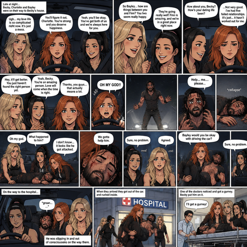 It was late at night,Becky Lynch Was in a car with Charlotte Flair and Bayley. They were driving to Becky’s house. Charlotte was talking about her complicated love life. Becky and Bayley were giving her words of comfort and support. Charlotte then asked Bayley how things were between her and Finn Bálor (They’re dating in this story). Bayley said things were going very well between the two of them. Becky and Charlotte were both happy to hear that. Bayley then looked at Becky and asked How HER dating life had been. Becky got a sad look on her face as she admitted that her dating life wasn’t doing very good,She had Five failed relationships. Charlotte and Bayley gave Becky words of comfort. Becky felt a little better. Then Becky looked at the road and suddenly yelled “OH MY GOD!!” And slammed on the breaks. There was a man (Seth Rollins) standing in front of the car,He was covered in bad scratches. He had a frightened expression on his face,He looked like he got attacked by a wild animal. Becky,Charlotte and Bayley were horrified. Then…the man spoke “Help…me….please”, then he collapsed on the road and passed out. The girls got out of the car and rushed over to the man. “Oh my god” Said charlotte. “What happened to him?” Bayley asked. “I don’t know…it looks like he got attacked” Said Becky. The man groaned in pain subconsciously. “We gotta help him” Said Becky. Bayley and Charlotte nodded in agreement. “Bayley would you be okay with driving the car?” Asked Becky. “Sure,no problem” said Bayley. Becky lifted the unconscious man in her arms and carried him to the car. They got in the car and Bayley drove to the hospital. The man was slipping in and out of consciousness on the way there. When they arrived they got out of the car and rushed inside With Becky holding the unconscious man in her arms. One of the doctors noticed and got a gurney. Becky put him on it