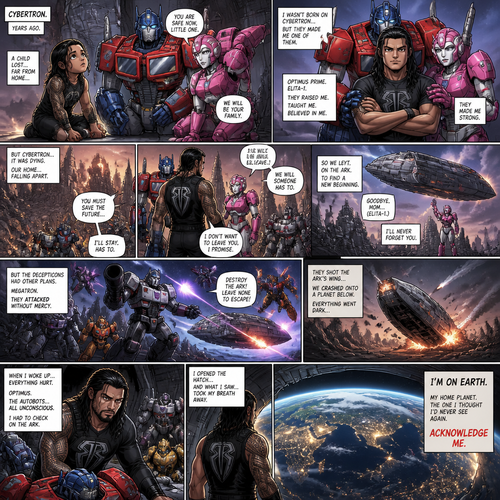WWE Superstar Roman Reigns ends up on Cybertron as a child and ended up adopted by Optimus Prime and Elita-1.Years later Cybertron is falling apart,Elita-One stays behind while Roman,Optimus Prime and the other Autobots leave on the ark after an emotional goodbye.Then suddenly they get attacked by Megatron and the Decepticons.Then The Deceptions shoot the ark’s wing and Roman and Optimus and the other Autobots crash land on another planet.After A while Roman wake up and looks around and sees Optimus and the Autobots unconscious.Roman opens the Arks hatch and sees…That he’s on the one planet that he thought he would never return to…His home planet..Earth
