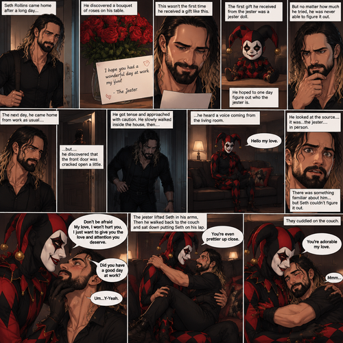 Seth Rollins came home after a long day,He discovered a bouquet of roses on his table. He reads the card,it says “I hope you had a wonderful day at work my love!-The jester”. This wasn’t the first time he received a gift like this. A mysterious person known as the Jester had been stalking him and sending him gifts for weeks. He was never able to figure who this person is. The first gift he received from the jester was a jester doll. He hoped to one day figure out who the jester is. The next day,he came home from work as usual….but….he discovered that the front door was cracked open a little. He got tense and approached with caution. He slowly walked inside the house,then….he heard a voice coming from the living room “Hello my love”. He looked at the source….it was…the jester….in person,Sitting on Seth’s couch. There was something familiar about him…but Seth couldn’t figure it out. “Did you have a good day at work?” Asked the Jester. Seth was a little nervous. “Um…Y-Yeah” said Seth. Seeing how nervous Seth was The Jester slowly walked towards Seth. He gently lifted Seth’s chin. “Don’t be afraid My love,I won’t hurt you,I just want to give you the love and attention you deserve” the jester said softly. Seth blushed a little. The jester lifted Seth in his arms,Then he walked back to the couch and sat down putting Seth on his lap. “You’re even prettier up close” the jester said softly. Seth’s heart fluttered. The jester Wrapped his arms around Seth. “You’re adorable my love” The jester said softly. Seth hummed softly. They cuddled on the couch. (End of part 1)