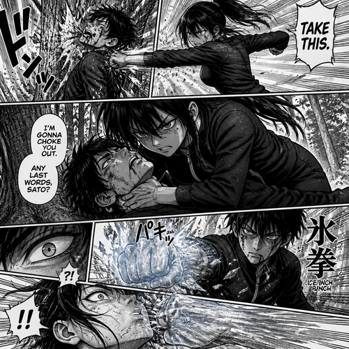 (she counters by punching him so hard he falls into a tree in the she’s about to choke it out, but sato hits her with a ice punch)