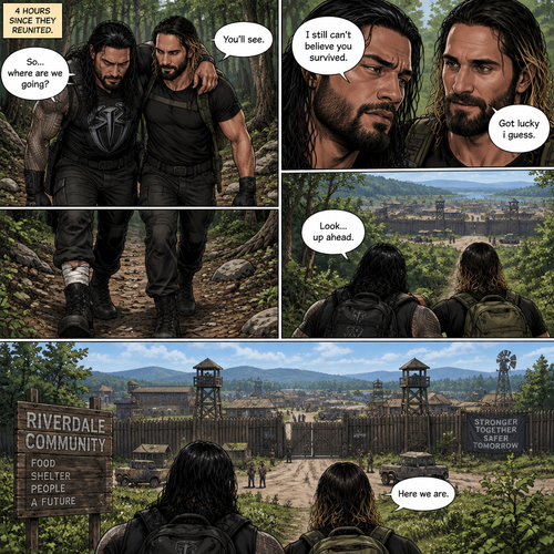 (Part 2 of the Zombie Apocalypse story). Still in the woods,Still far away from the zombies. Roman Reigns was still limping from the sprained ankle and Seth Rollins was helping him walk. It had been 4 hours since they reunited. “So…where are we going?” Roman asked. “You’ll see” said Seth. “I still can’t believe you survived” Said Roman. “Got lucky i guess” said Seth. They kept walking till they spotted a community like town up a head. “Here we are” Said Seth