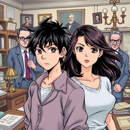 A 19 year old boy David and a 19 year old Laura with dark brunette hair in the office of the mayor ( a mid 40 year old man)