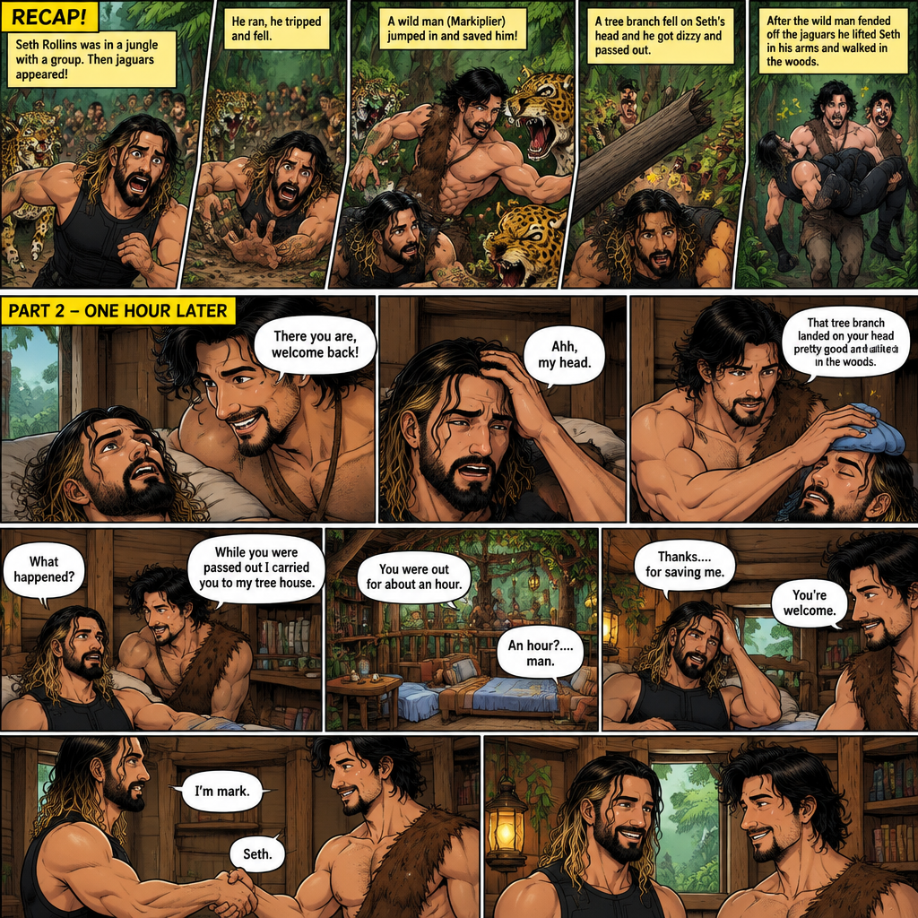 (Recap!) Seth Rollins was in a jungle with a group,Then jaguars appeared,he ran,he tripped and fell. A wild man (Markiplier) jumped in and saved him,A tree branch fell on Seth’s head and he got dizzy and passed out. After the wild man fended off the jaguars he lifted Seth in his arms and walked in the woods. (All caught up? Good! Now onto part 2!). 1 hour had passed,Seth slowly regained consciousness. The wild man was looking down at Him. “There you are,welcome back!” Said the wild man. Seth Groaned and put his hand on his head. “Ahh,my head” said Seth. “That tree branch landed on your head pretty good” said the wild man. He gently puts ice on Seth’s head. “What happened?” Asked Seth. “While you were passed out I carried you to my tree house” said the wild man. Seth looked at his surroundings,he was indeed in the wild man’s treehouse. “You were out for about an hour” said the wild man. “An hour?….man” said Seth. Seth slowly sat up. “Thanks….for saving me” said Seth. The wild man smiled softly. “You’re welcome” said the wild man. “I’m mark” said mark. “Seth” said Seth. They shook hands. (End of part 2)