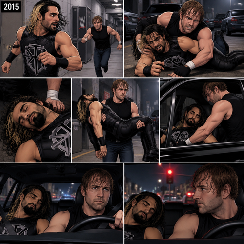 It’s the year 2015,Seth Rollins was being chased backstage by Dean Ambrose. Seth was running to his car,but before he could get there Dean tackled him. Seth struggled. Dean knocked him out. He lifted Seth in his arms and walked to his car. He put Seth in the passenger seat. He gets in his car and drove away. After a while he stopped at a red light. He looked at the unconscious Seth