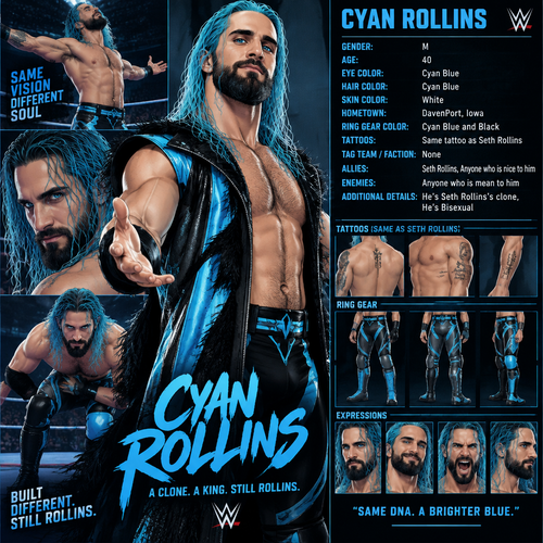 WWE wrestler oc info card Cyan Rollins

Gender:M
Age:40
Eye Color:Cyan Blue
Hair Color:Cyan Blue
Skin Color:White
Hometown:DavenPort,Iowa
Ring gear Color:Cyan Blue and Black
Tattoos:Same tattoo as Seth Rollins 
Tag team/Faction:None
Allies:Seth Rollins,Anyone who is nice to him
Enemies:Anyone who is mean to him
Additional details:He’s Seth Rollins’s clone,He’s Bisexual