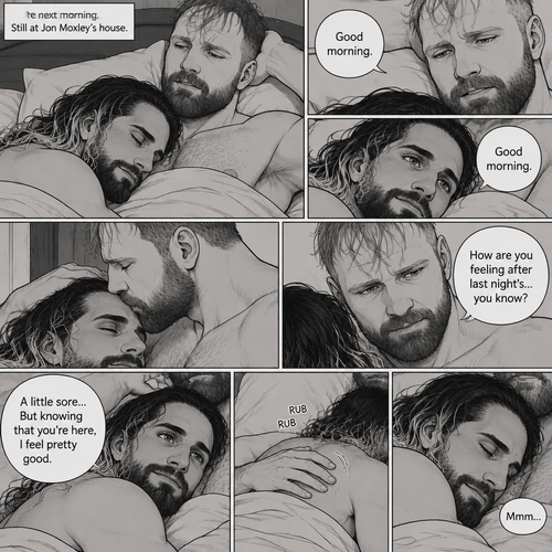 (Part 5). Still at Jon Moxley’s house. The next morning,Seth Rollins was asleep in Jon’s bed after last night’s activity. After a while Seth woke up,Jon was awake Before Seth was. “Good morning” Jon said softy. “Good morning” Seth said softy. Jon gently kissed Seth’s forehead. “How are you feeling after last night’s…you know?” Asked Jon. “A little sore…But knowing that you’re here,I feel pretty good” Seth said softly. Jon Gently rubbed Seth’s back. Seth hummed softly