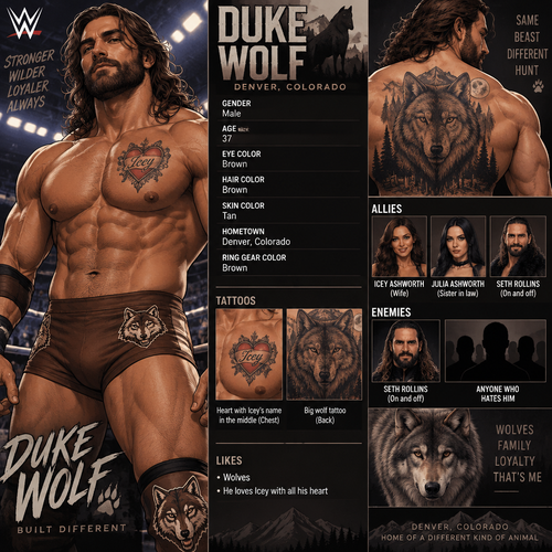 WWE wrestler oc info card Duke Wolf

Gender:M
Age:37
Eye Color:Brown
Hair Color:Brown
Skin Color:Tan
Hometown:Denver,Colorado
Ring gear Color:Brown
Tattoos:A big wolf tattoo on his back,A heart with Icey’s name in the middle Tattoo on his chest
Tag team/Faction:None
Allies:Icey Ashworth (Wife), Julia Ashworth (Sister in law), Seth Rollins (On and off)
Enemies:Seth Rollins (On and off) and anyone who hates him
Additional details:Duke Likes wolves,He loves Icey with all his heart,Seth Rollins is his frenemy