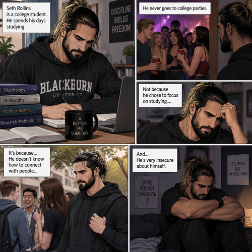 Seth Rollins is a college student. He spends his days studying,He never goes to college parties. Not because he chose to focus on studying….It’s because…He doesn’t know how to connect with people…And….He’s very insecure about himself
