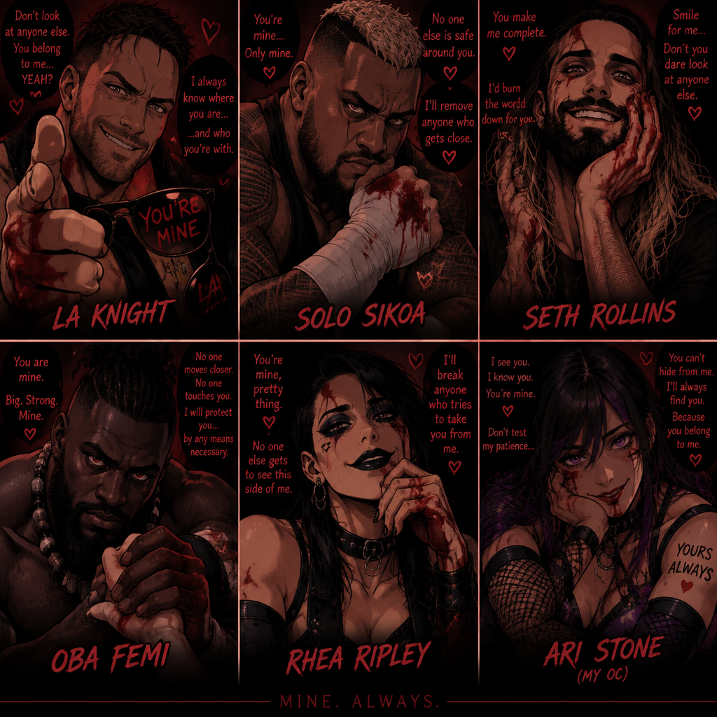 LA Knight,Solo Sikoa,Seth Rollins,Oba Femi,Rhea Ripley and Ari Stone (My Female wrestler oc) as Yanderes