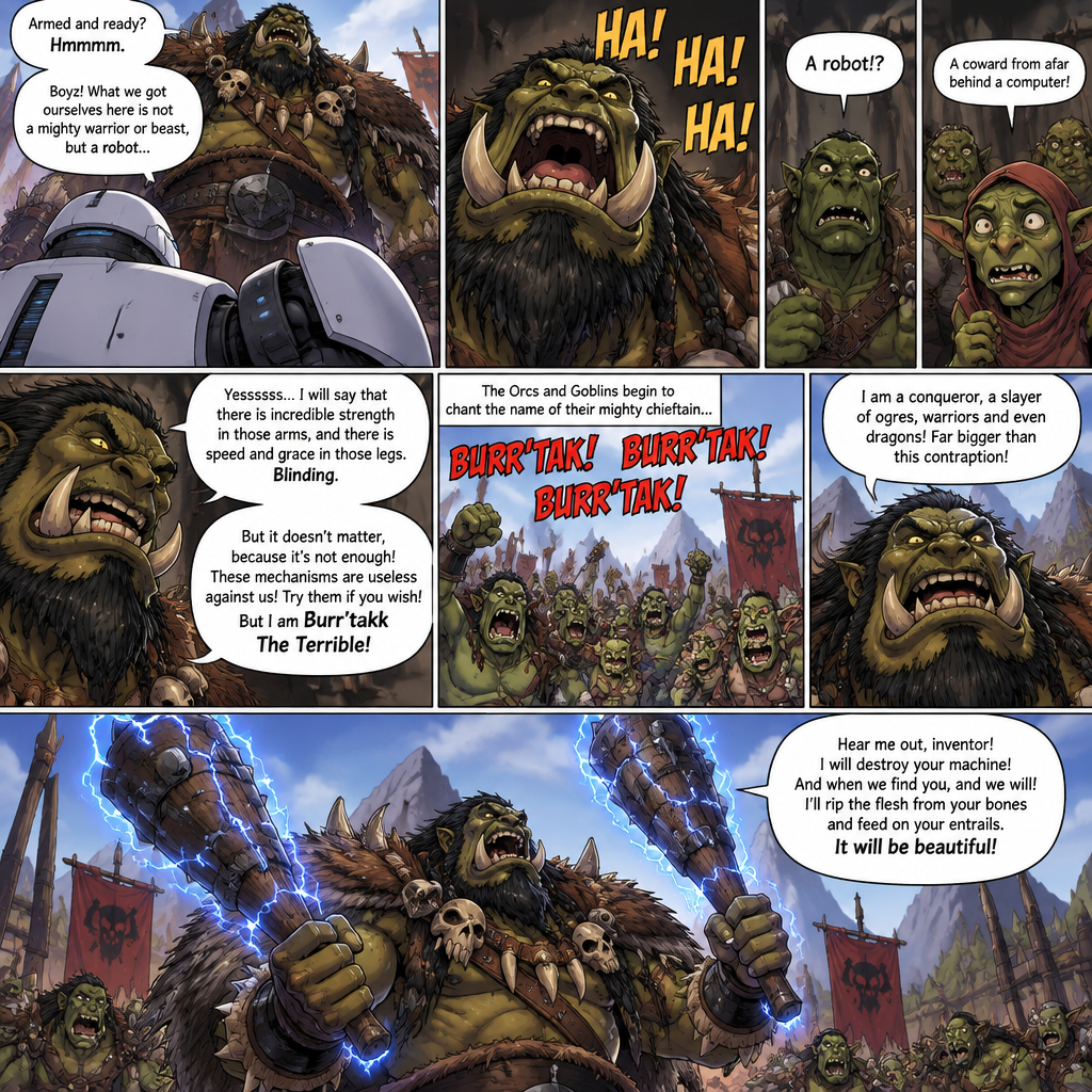 Burr’tak stares down at Armis, there is a pause and then he bursts out in laughter. With nervous glances, the orcs and goblins are unsure whether or not to laugh.
BURR’TAK: Armed and ready? Hmmmm. Boyz! What we got ourselves here is not a mighty warrior or beast, but a robot…
ORC: A robot!?
GOBLIN: A coward from afar behind a computer!
BURR’TAK: Yessssss… I will say that there is incredible strength in those arms, and there is speed and grace in those legs. Blinding. But it doesn’t matter, because it’s not enough! These mechanisms are useless against us! Try them if you wish! But I am Burr’takk The Terrible!
The Orcs and Goblins begin to chant the name of their mighty chieftain…
ORCS & GOBLINS: Burr’tak! Burr’tak, Burr’tak!
BURR’TAK: I am a conqueror, a slayer of ogres, warriors and even dragons! Far bigger than this contraption!
Burr’tak then draws out his clubs, surging with lighting as he begins to boast.
BURR’TAK: Hear me out, inventor! I will destroy your machine! And when we find you, and we will! I’ll rip the flesh from your bones and feed on your entrails. It will be beautiful!