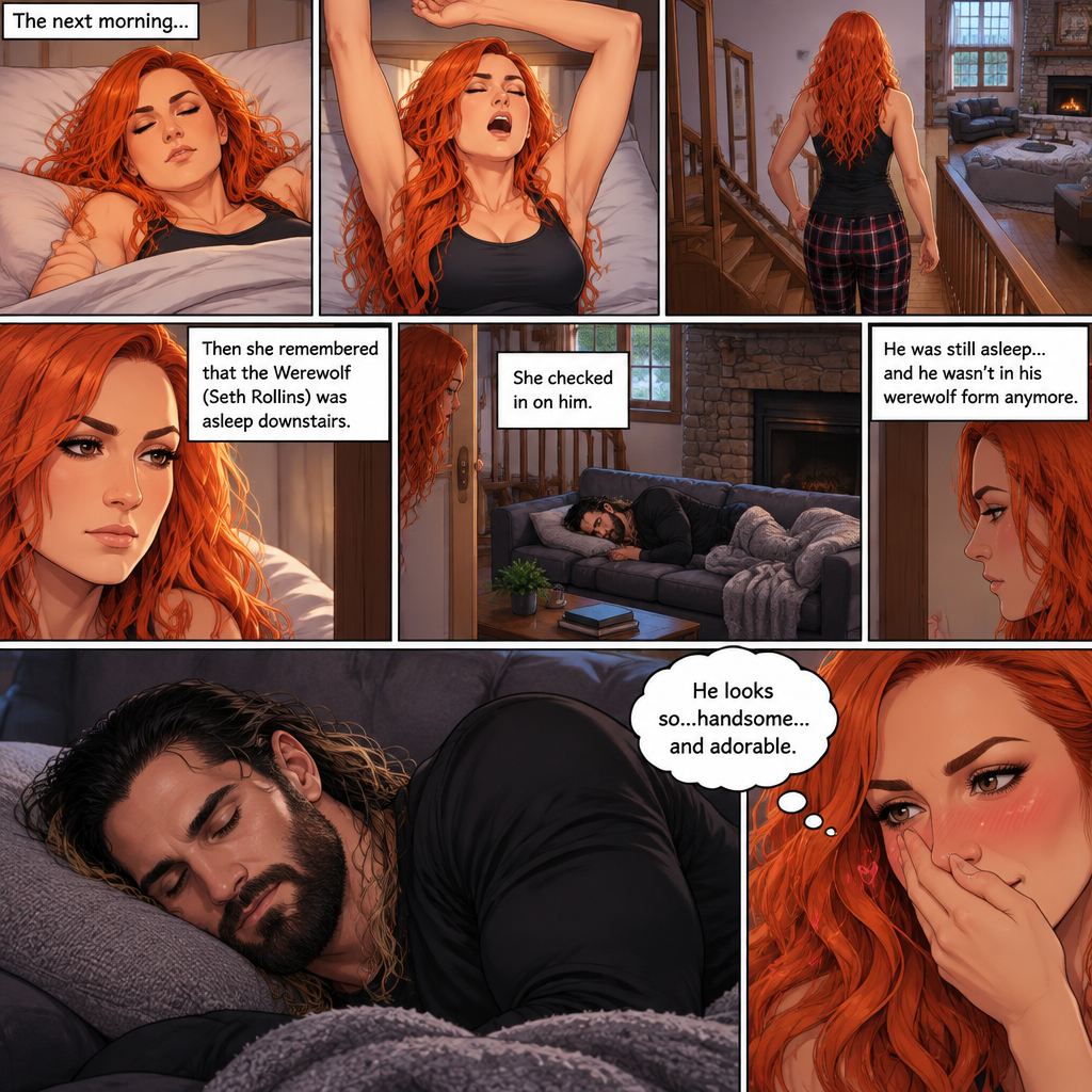 (Part 3 of the werewolf x human story) The next morning,Becky Lynch was asleep in her bed. Then she woke up. She got up and stretched her arms. She walked downstairs…then she remembered that the Werewolf (Seth Rollins) was asleep downstairs. She checked in on him. He was still asleep…and he wasn’t in his werewolf form anymore. She couldn’t help but look at him…and blush. “He looks so…handsome…and adorable” Becky said to herself